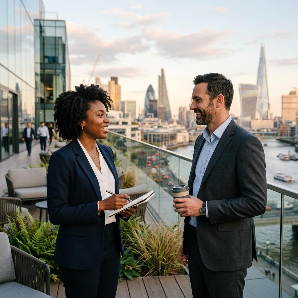 Two people talking in London with the city skyline beyond